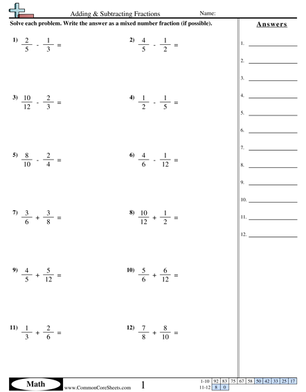 Adding & Subtracting Fractions (Different Denominator) Worksheet -  worksheet
